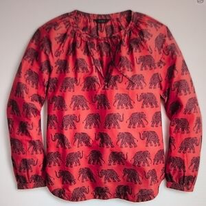 J. Crew Coral Red Elephant Print Peasant Blouse